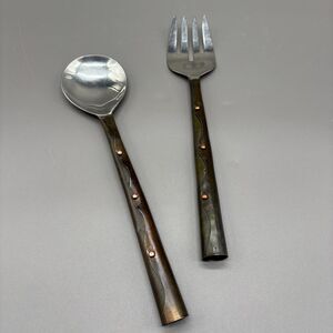 Handmade Metal Salad Servers Riveted Handle Serving Spoon Fork Artisan Set